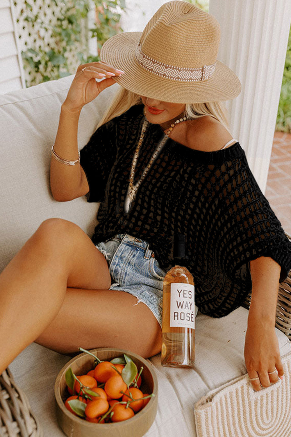 White Fishnet Knit Ribbed Round Neck Short Sleeve Tee