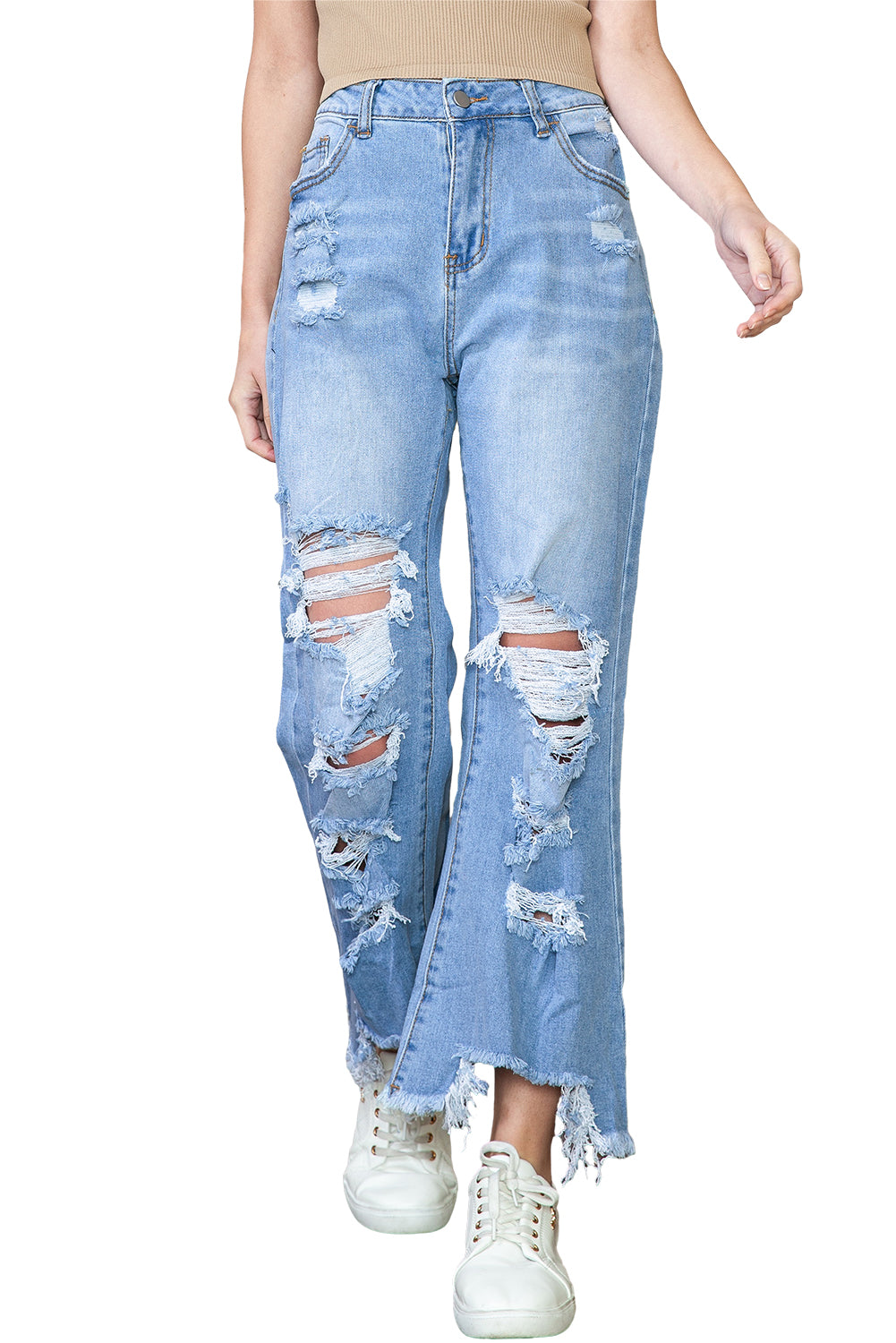 Blue Heavy Destroyed Raw Hem Wide Leg Jeans