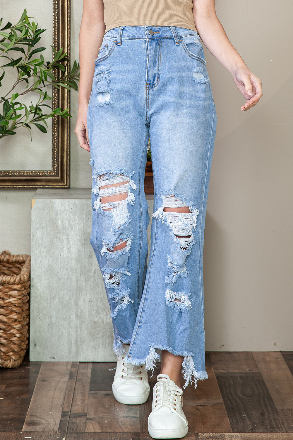 Blue Heavy Destroyed Raw Hem Wide Leg Jeans