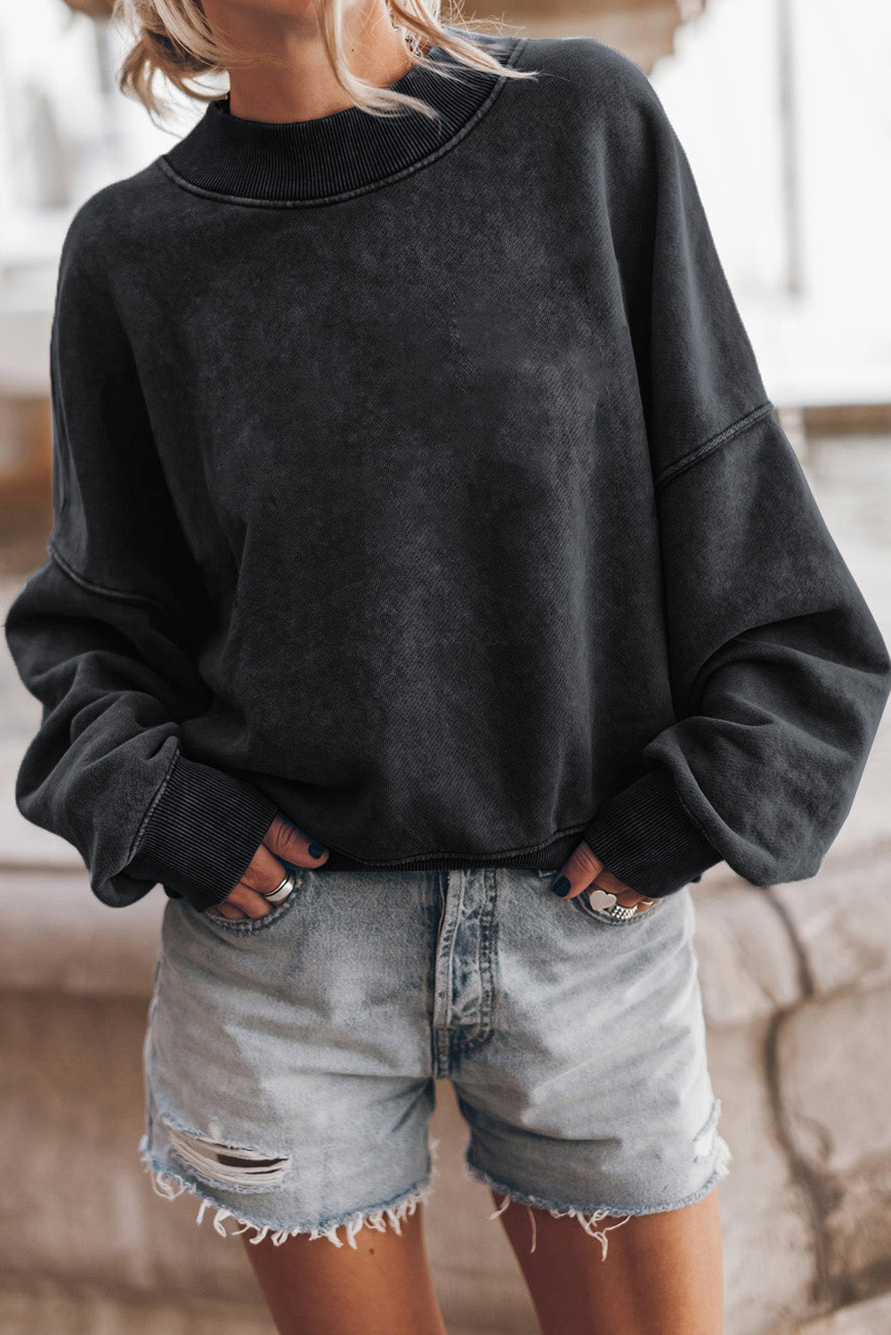 Sky Blue Plain Drop Shoulder Crew Neck Pullover Sweatshirt