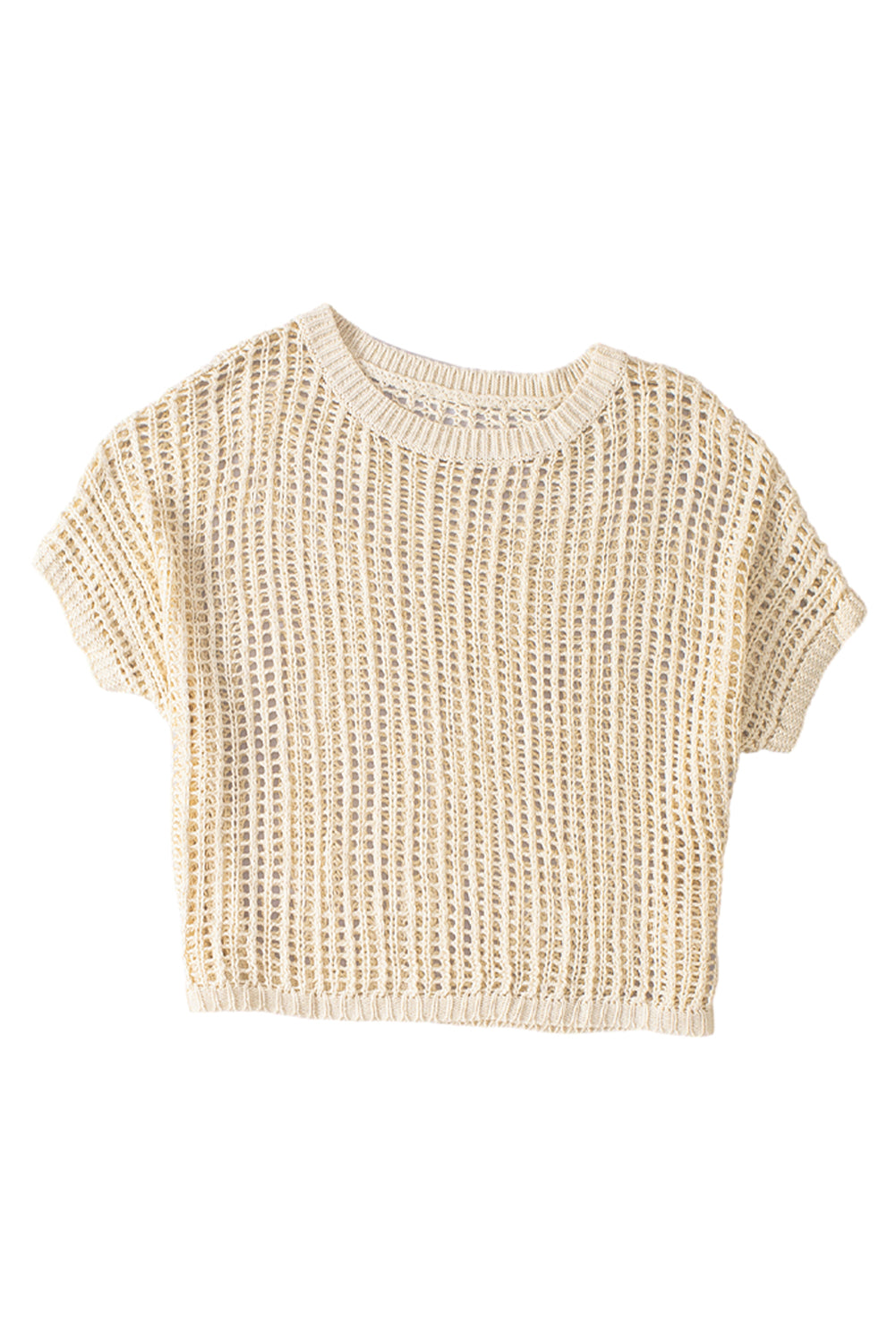 White Fishnet Knit Ribbed Round Neck Short Sleeve Tee