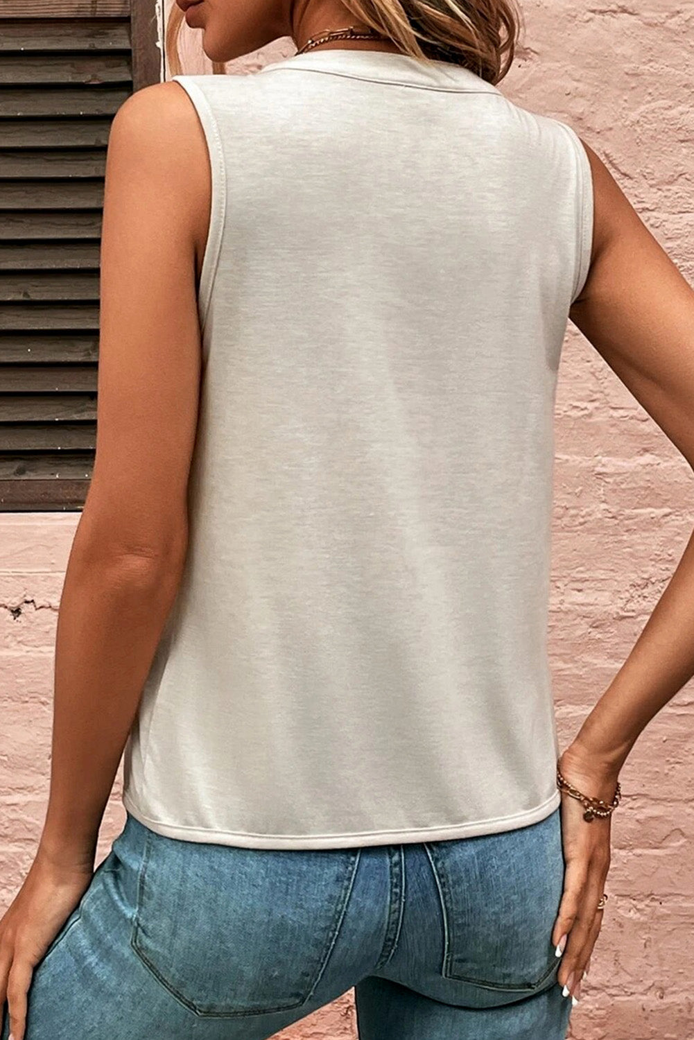 Khaki Solid V Neck Pleat Sleeveless Shirt