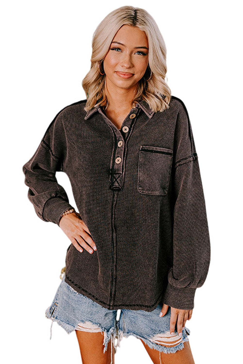 Black Waffle Exposed Seam Washed Henley Sweatshirt