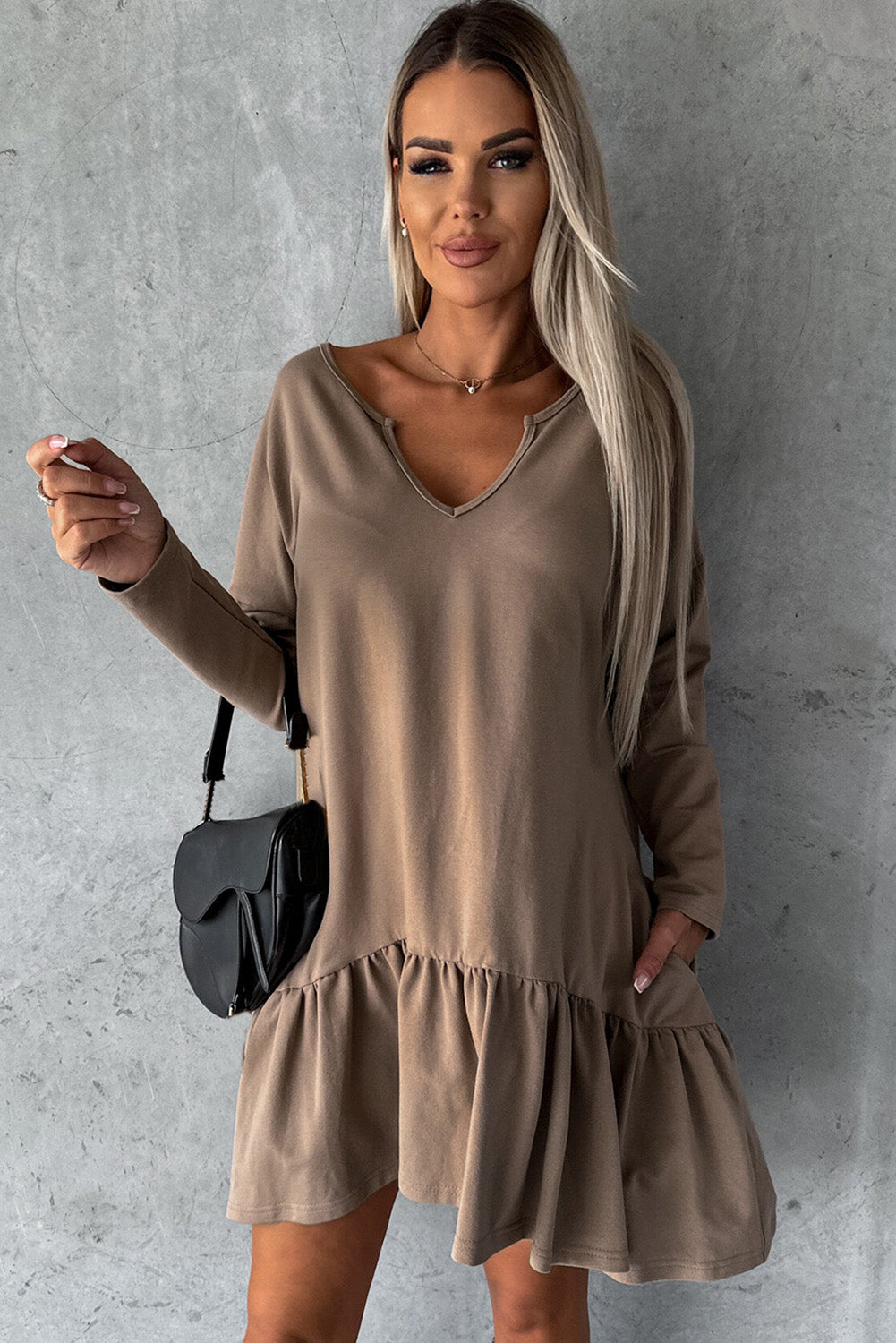 Black Split Neck Long Sleeve Ruffled Loose Dress
