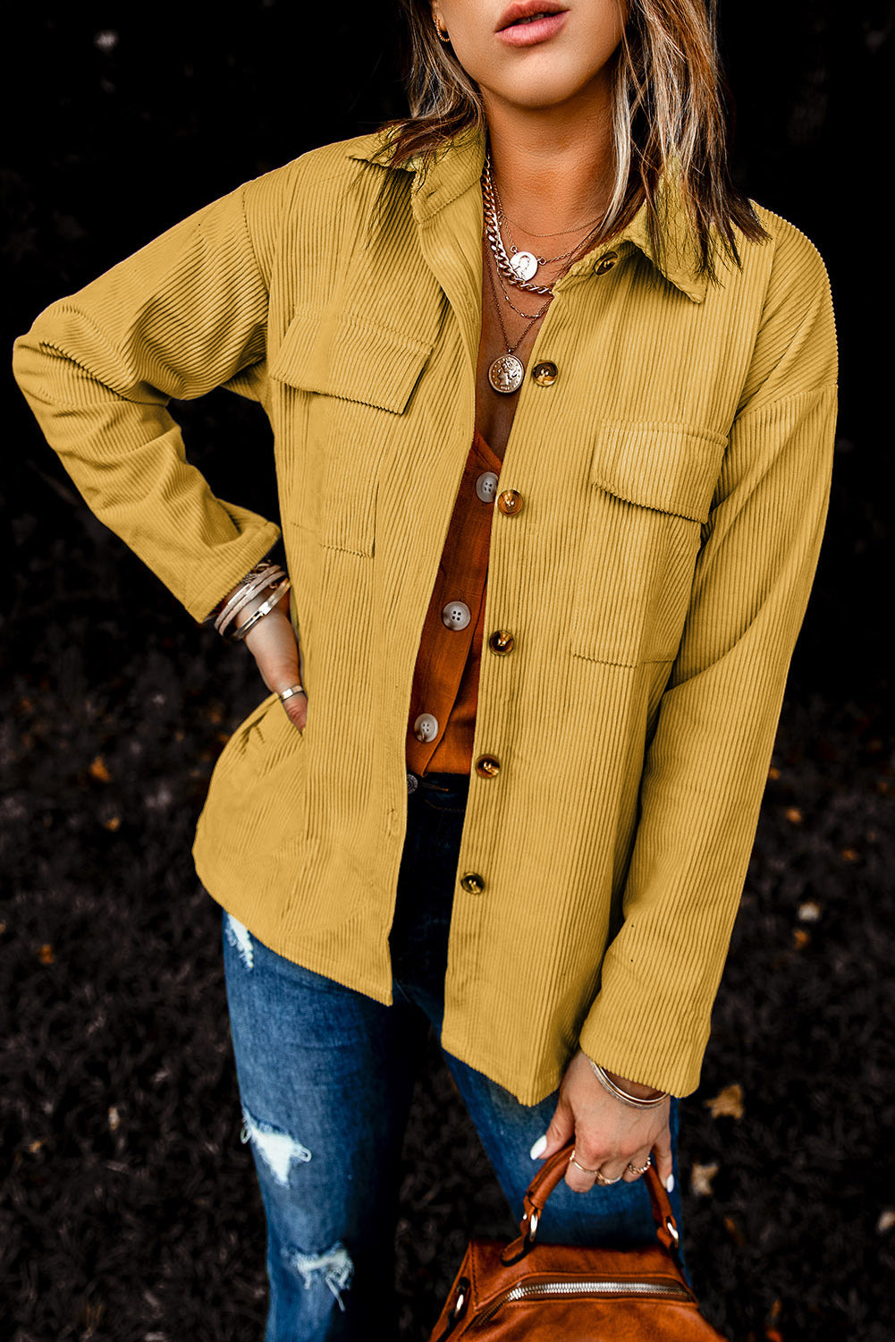 Beige Button Up Patch Pocket Corduroy Shacket