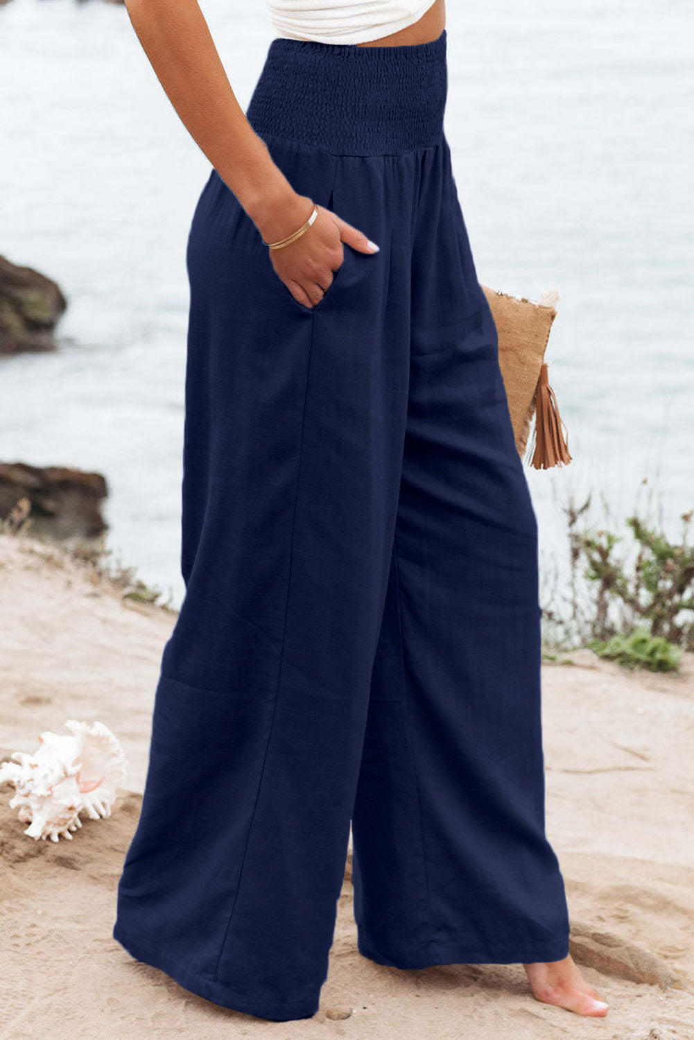 Blue Smocked Wide Waistband High Waist Wide Leg Pants
