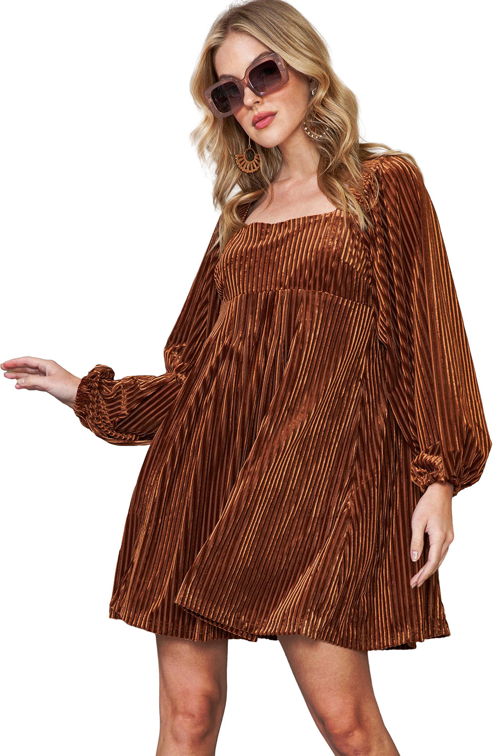 Brown Square Neck Tie Back Ribbed Velvet Babydoll Dress