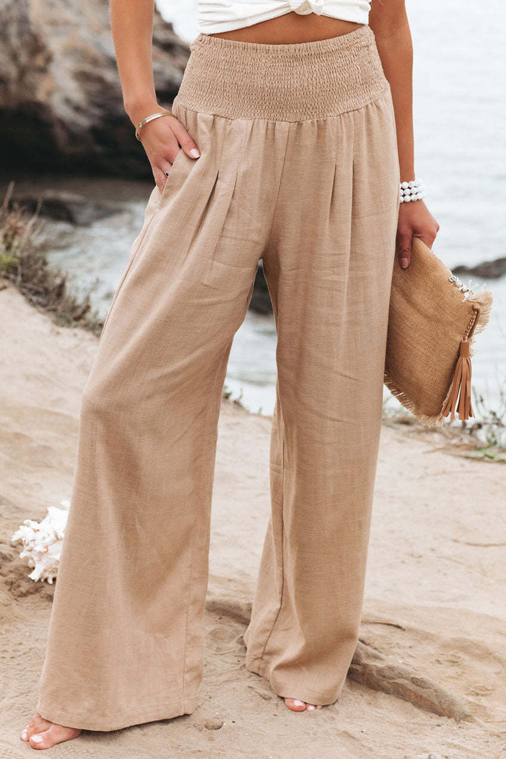 Blue Smocked Wide Waistband High Waist Wide Leg Pants