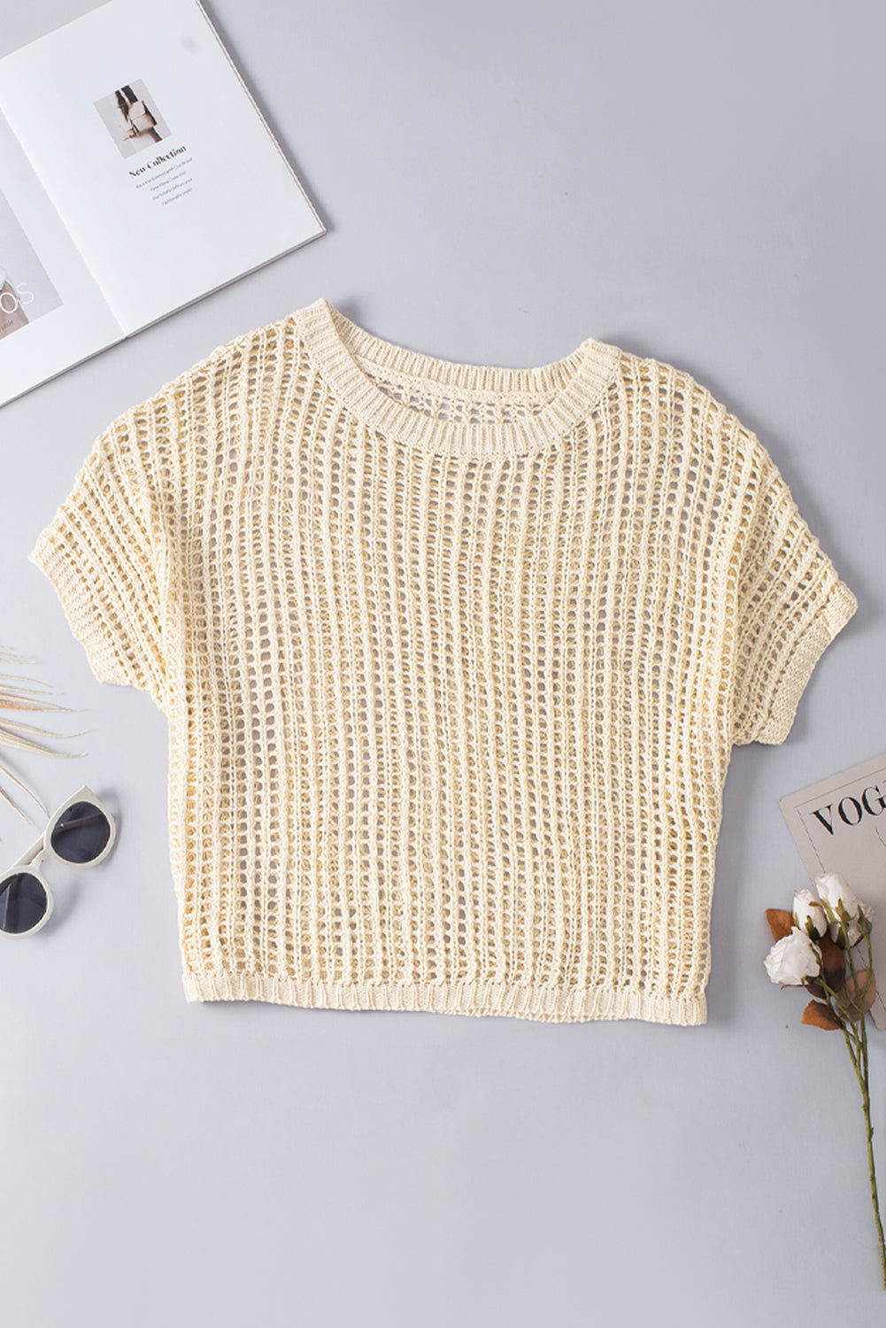 White Fishnet Knit Ribbed Round Neck Short Sleeve Tee
