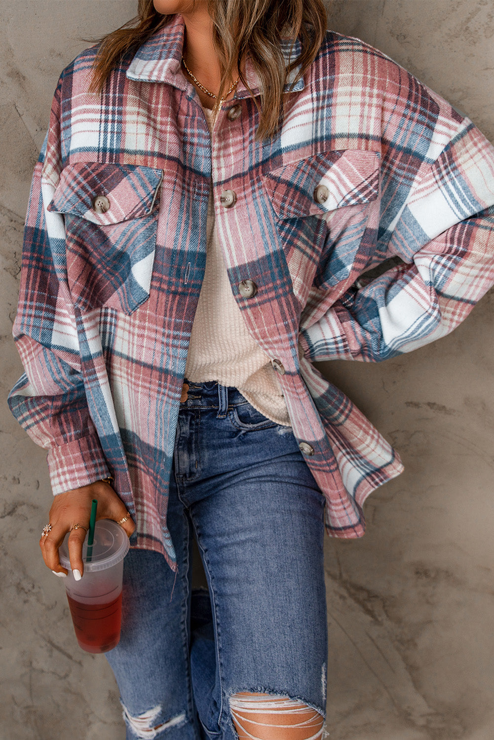 Grey Plaid Button Up Collared Flannel Shacket