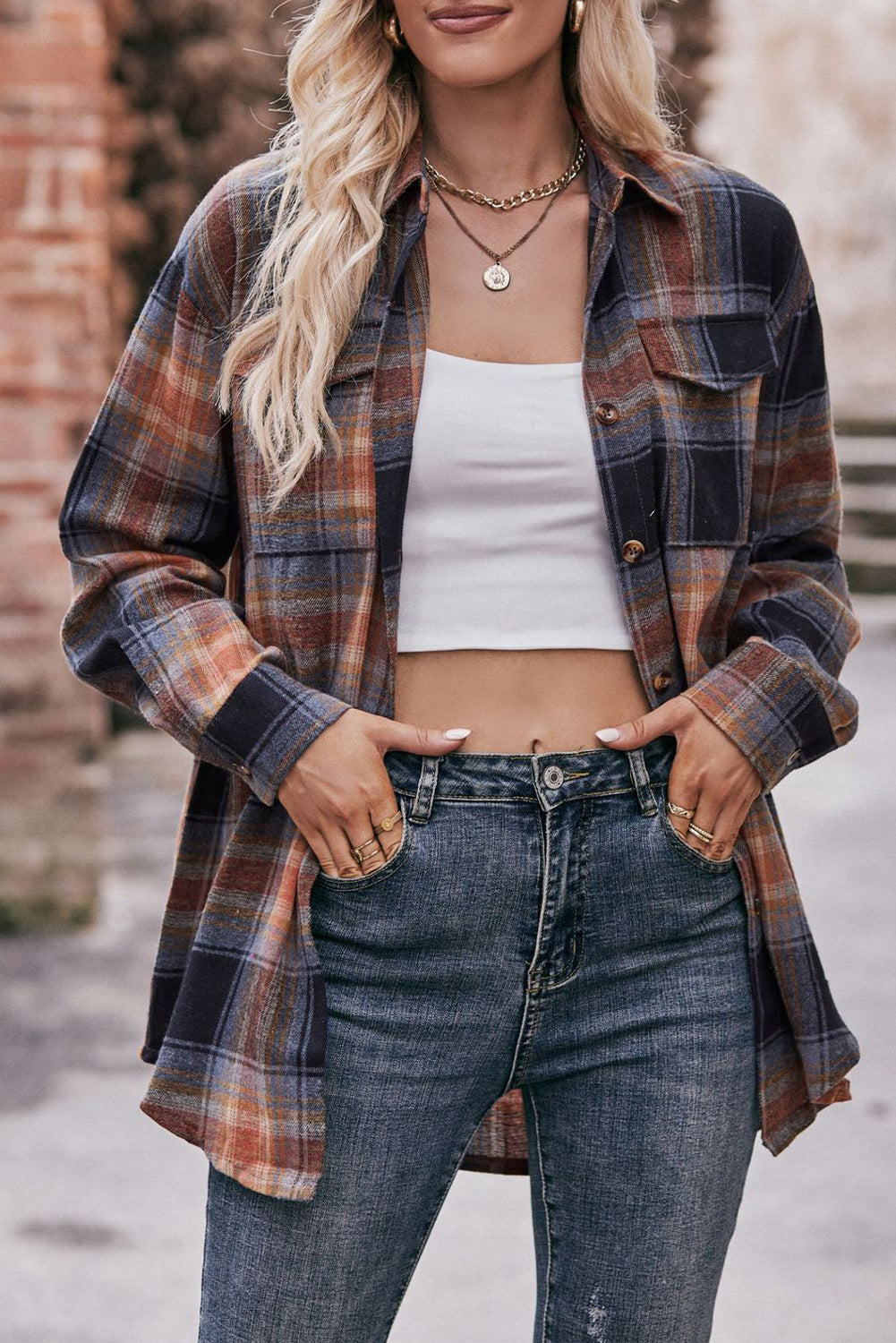 Red Plaid Colorblock Button Up Shacket