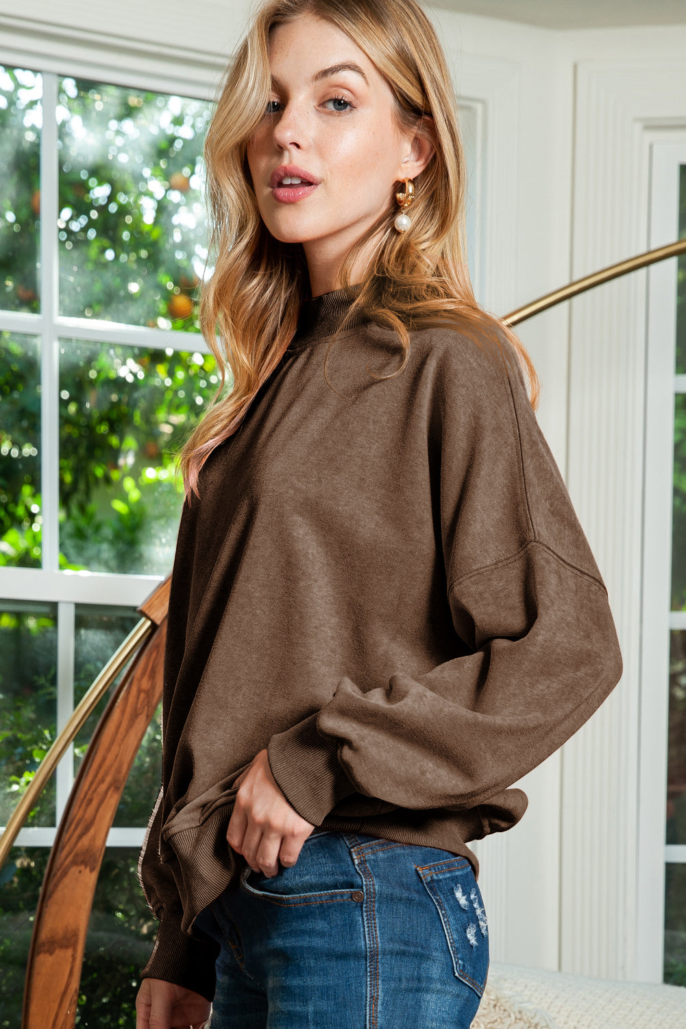 Sky Blue Plain Drop Shoulder Crew Neck Pullover Sweatshirt