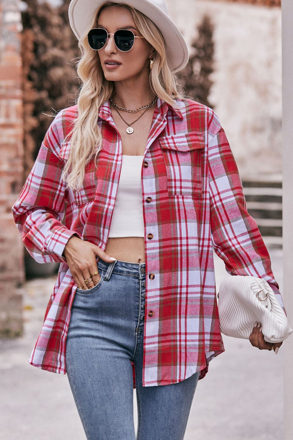 Red Plaid Colorblock Button Up Shacket