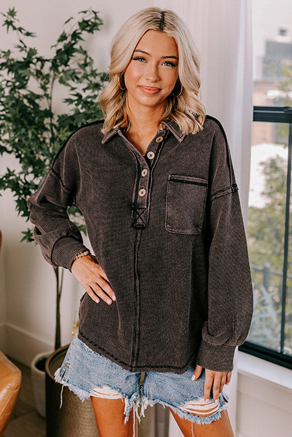 Black Waffle Exposed Seam Washed Henley Sweatshirt