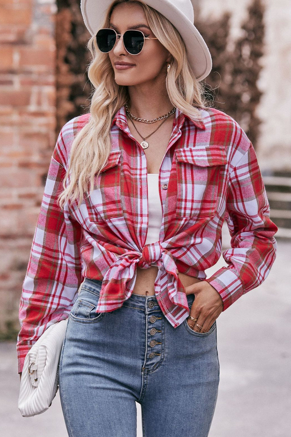 Red Plaid Colorblock Button Up Shacket