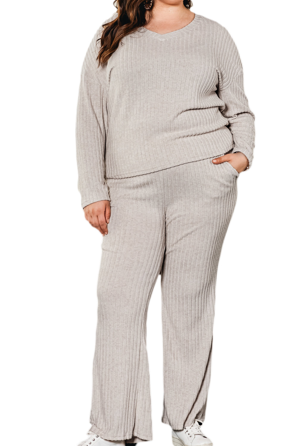 Black Plus Size Ribbed V Neck Pullover and Pants Set