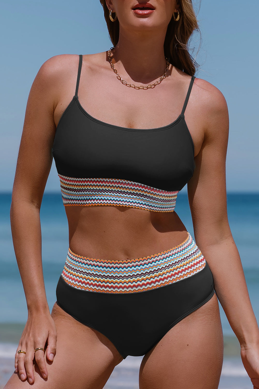 Rose Striped Patchwork Spaghetti Strap High Waist Bikini Set