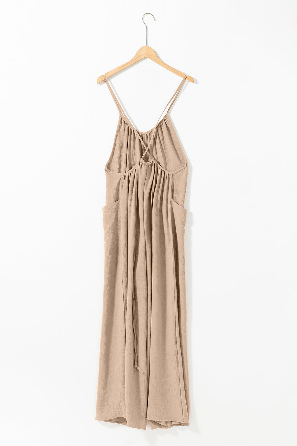 Chestnut Spaghetti Straps Waist Tie Pocketed Wide Leg Jumpsuit