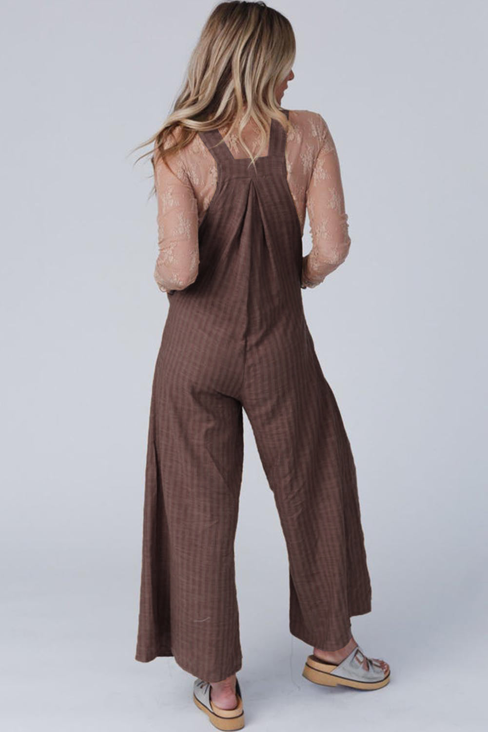 Coffee Striped Pleated Pockets Wide Leg Jumpsuit
