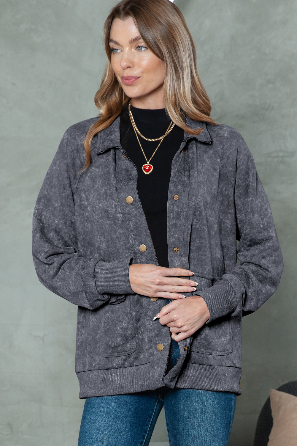 Khaki Snap Button Casual Jacket with Flap Pockets