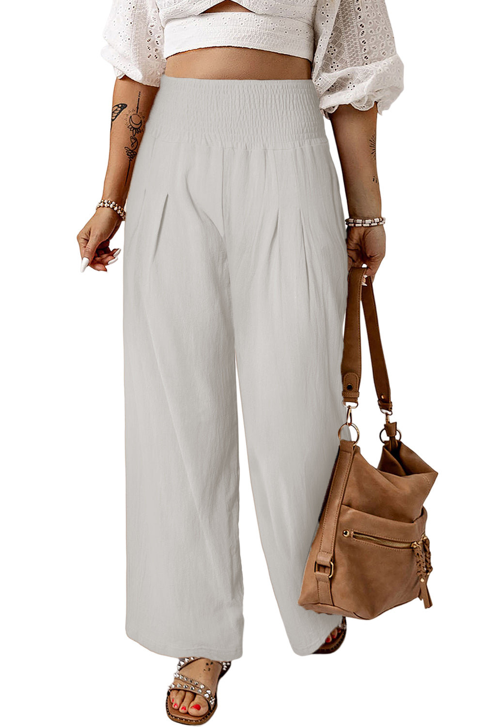 Blue Smocked Wide Waistband High Waist Wide Leg Pants