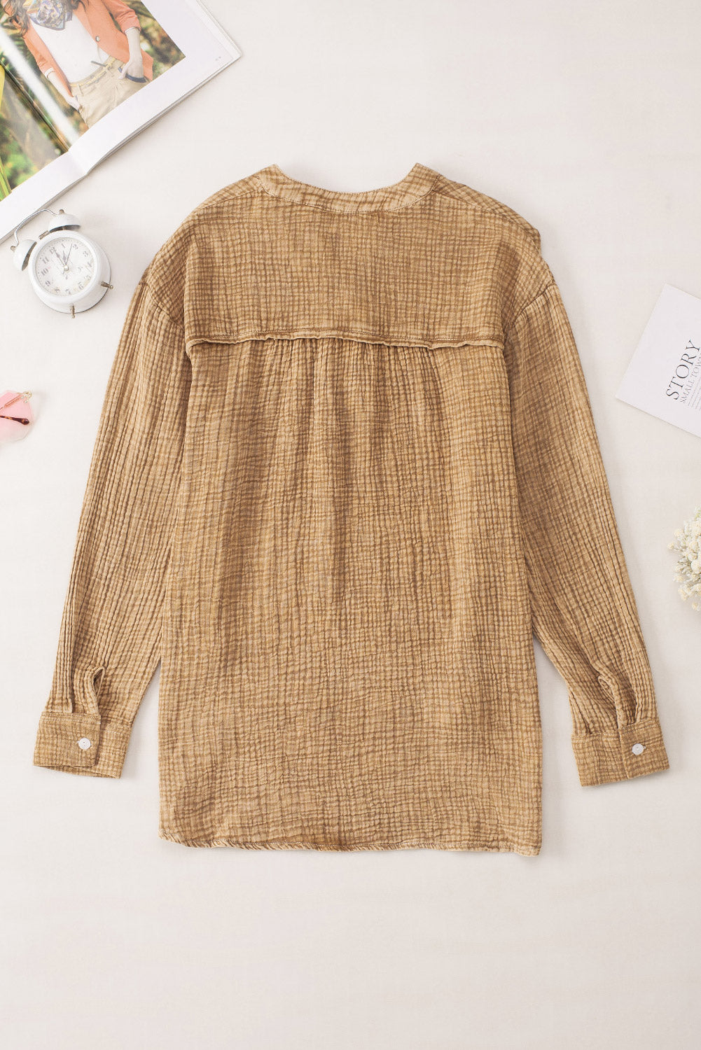 Pink Loose Crinkle Button V Neck Henley Top