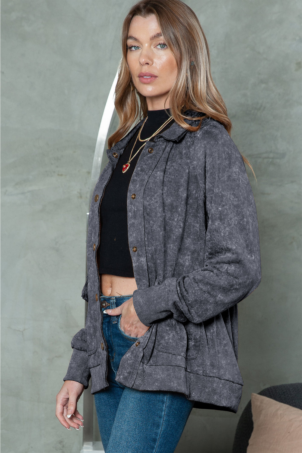 Khaki Snap Button Casual Jacket with Flap Pockets