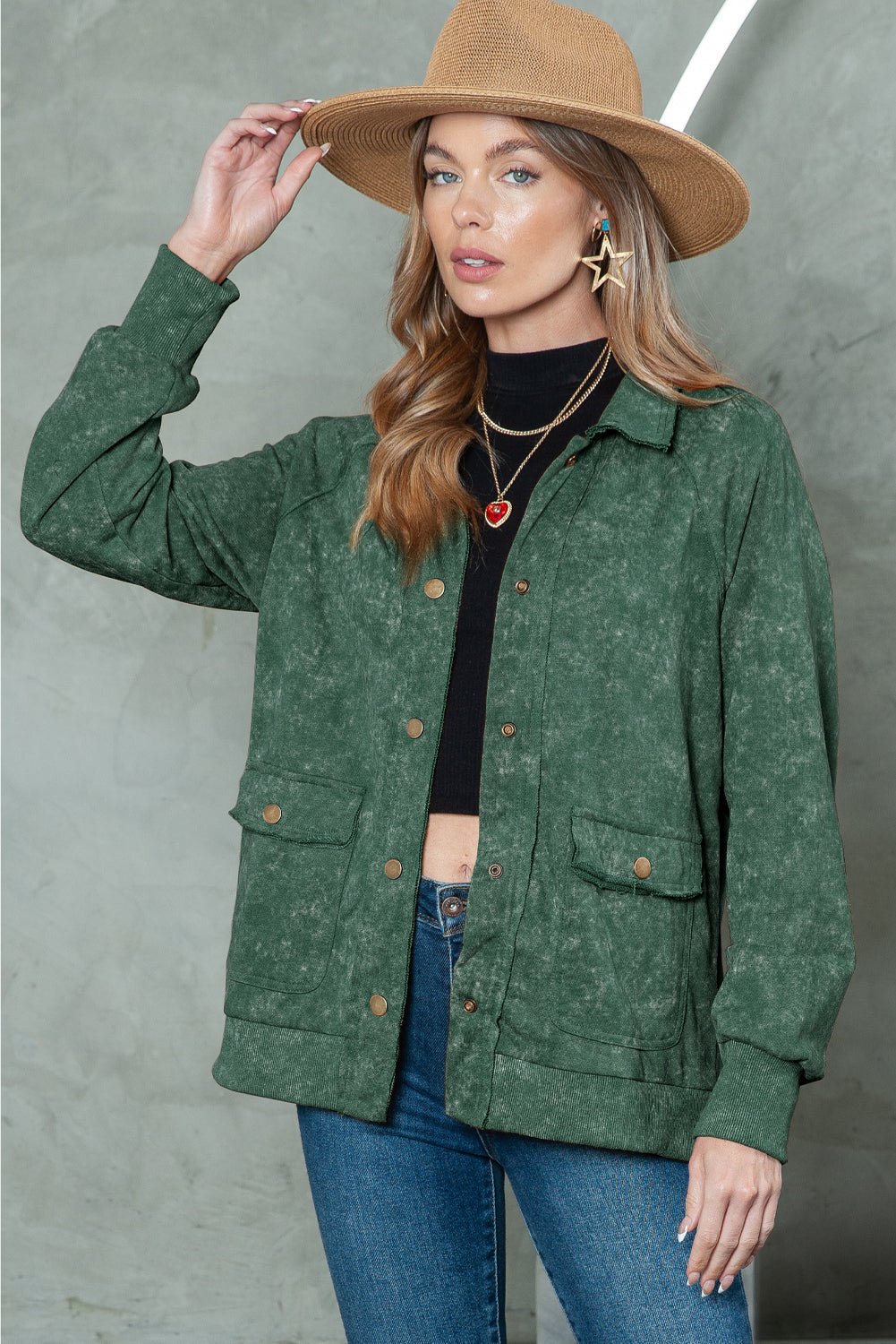 Khaki Snap Button Casual Jacket with Flap Pockets
