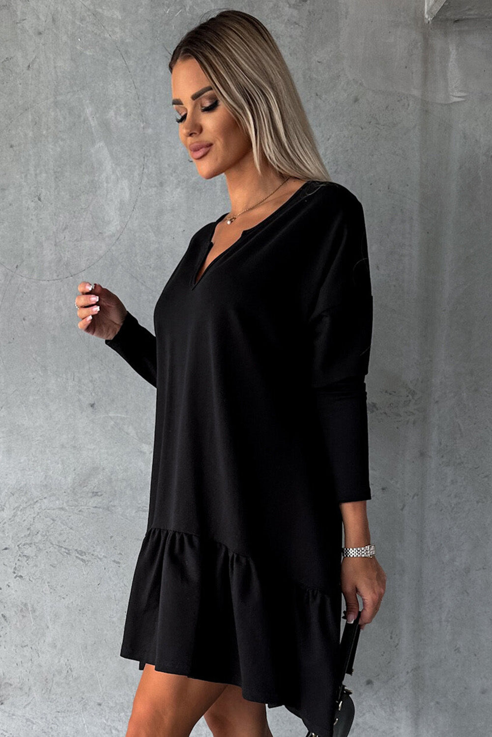 Black Split Neck Long Sleeve Ruffled Loose Dress