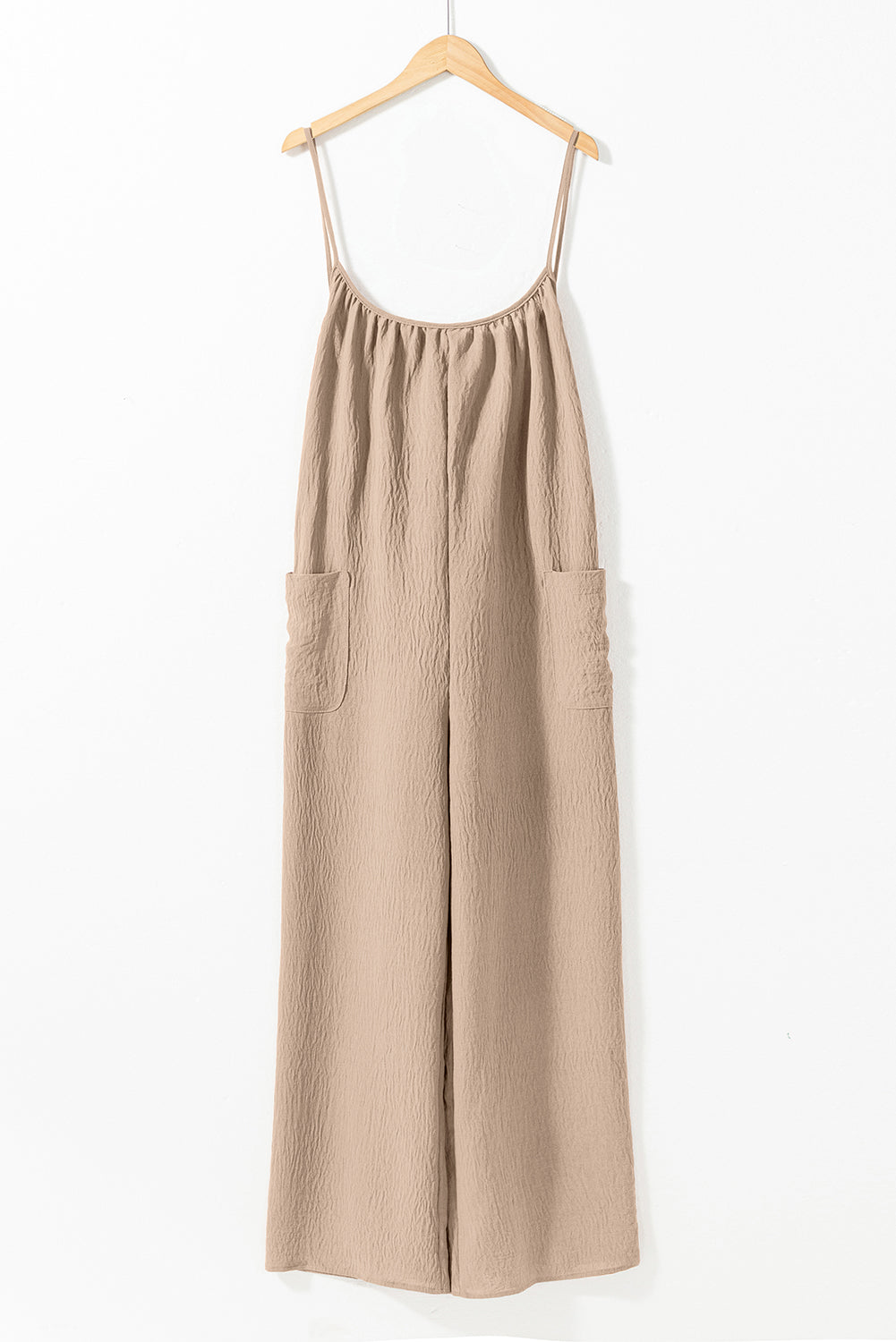 Chestnut Spaghetti Straps Waist Tie Pocketed Wide Leg Jumpsuit