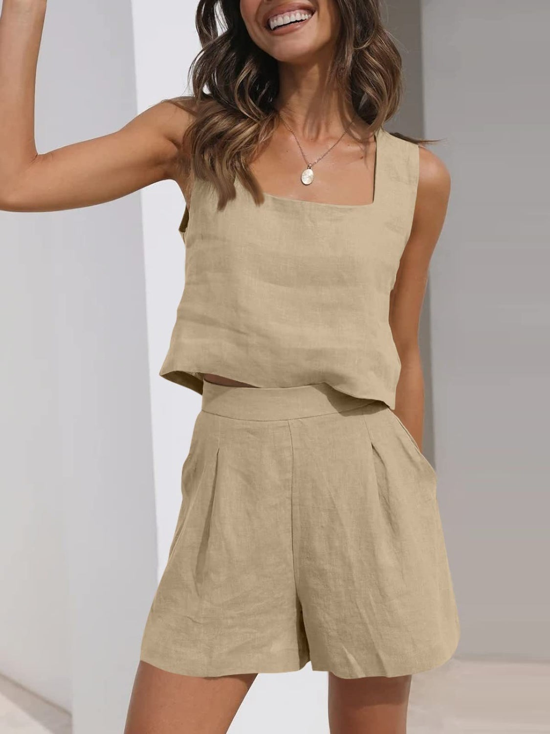 Square Neck Wide Strap Top and Shorts Set