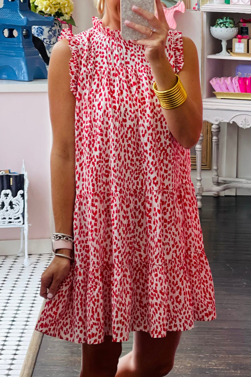 Leopard Frilled Neck Shift Sleeveless Short Dress