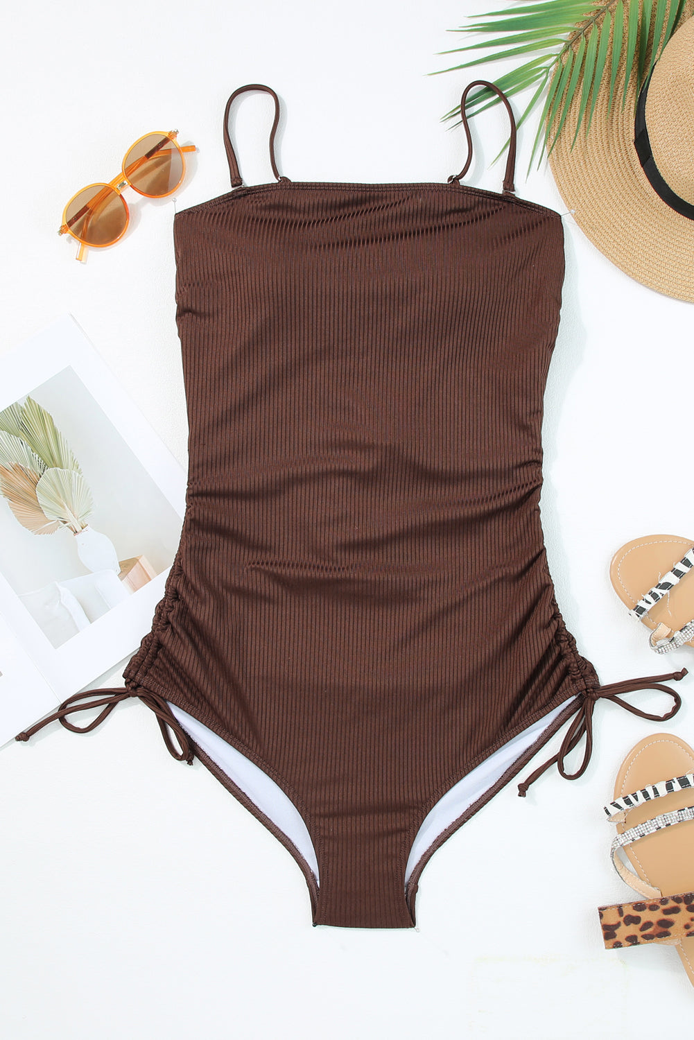 Black Side Drawstring Cutout Ribbed One Piece Swimsuit