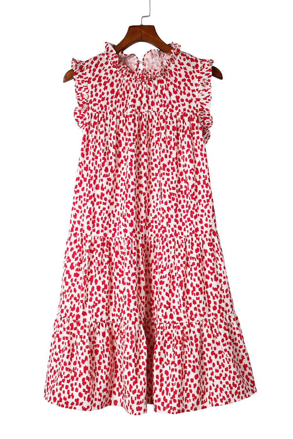 Leopard Frilled Neck Shift Sleeveless Short Dress