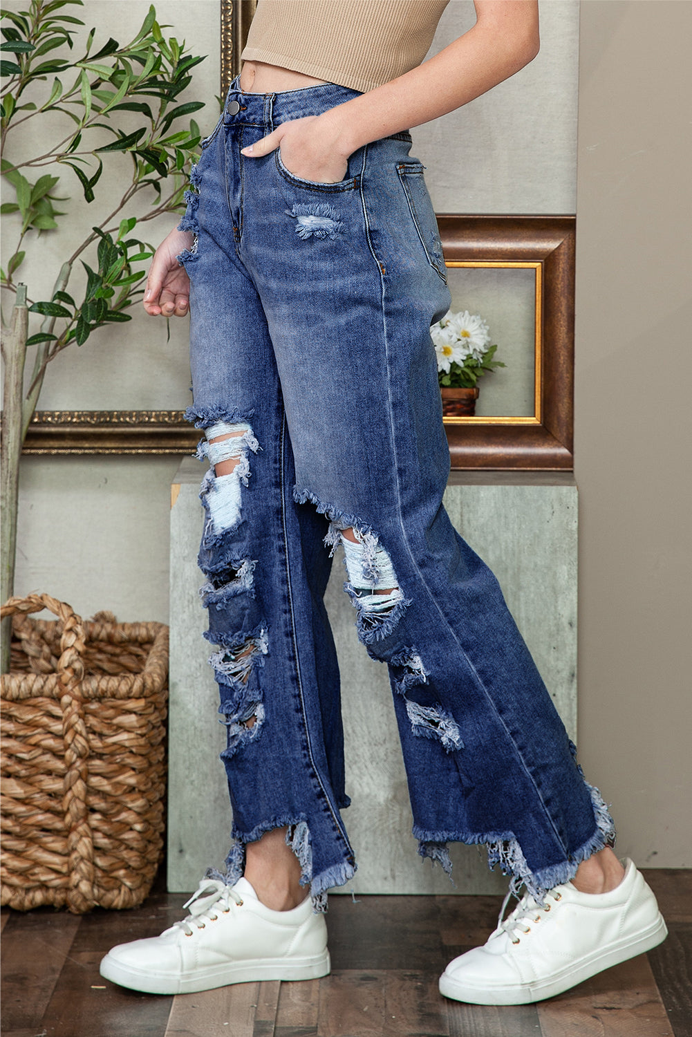 Blue Heavy Destroyed Raw Hem Wide Leg Jeans