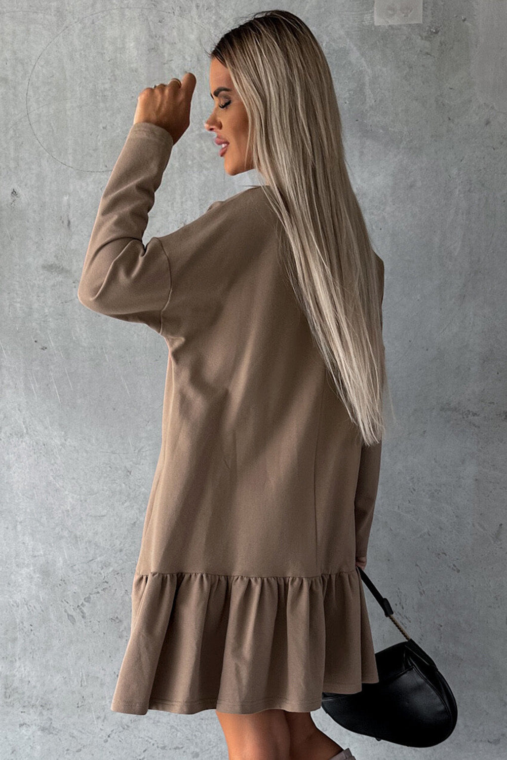 Black Split Neck Long Sleeve Ruffled Loose Dress