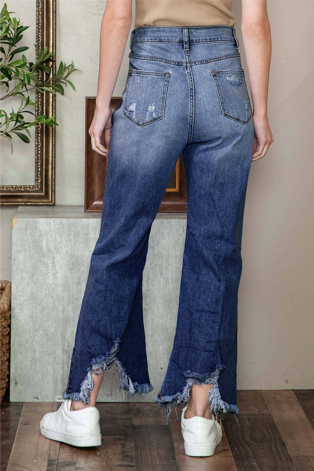 Blue Heavy Destroyed Raw Hem Wide Leg Jeans
