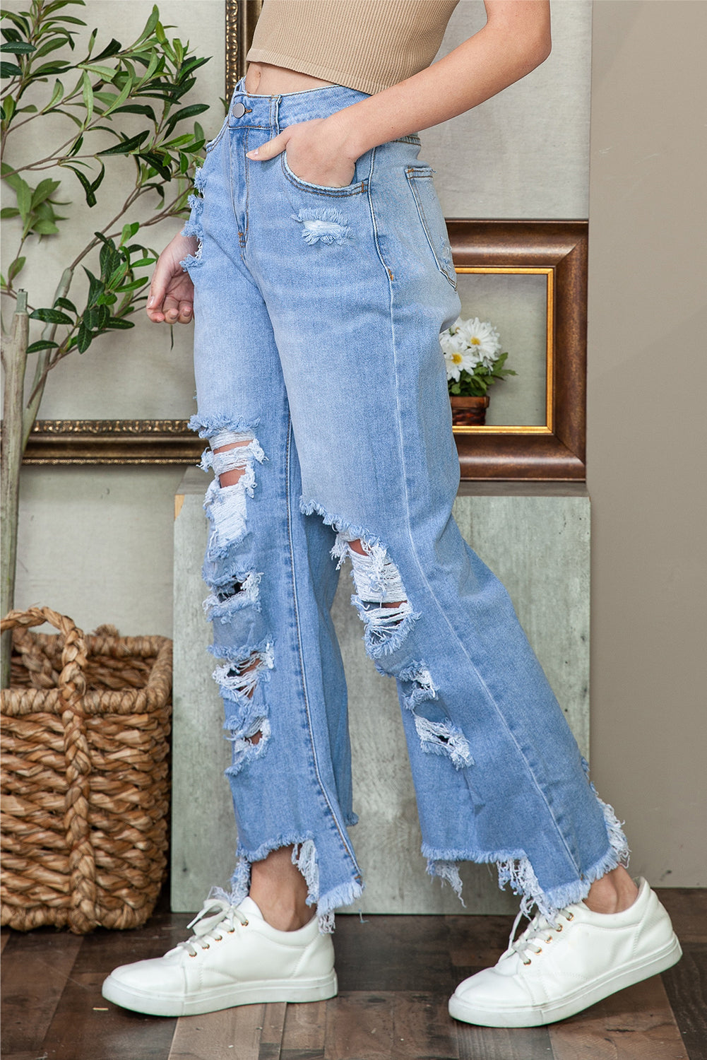 Blue Heavy Destroyed Raw Hem Wide Leg Jeans