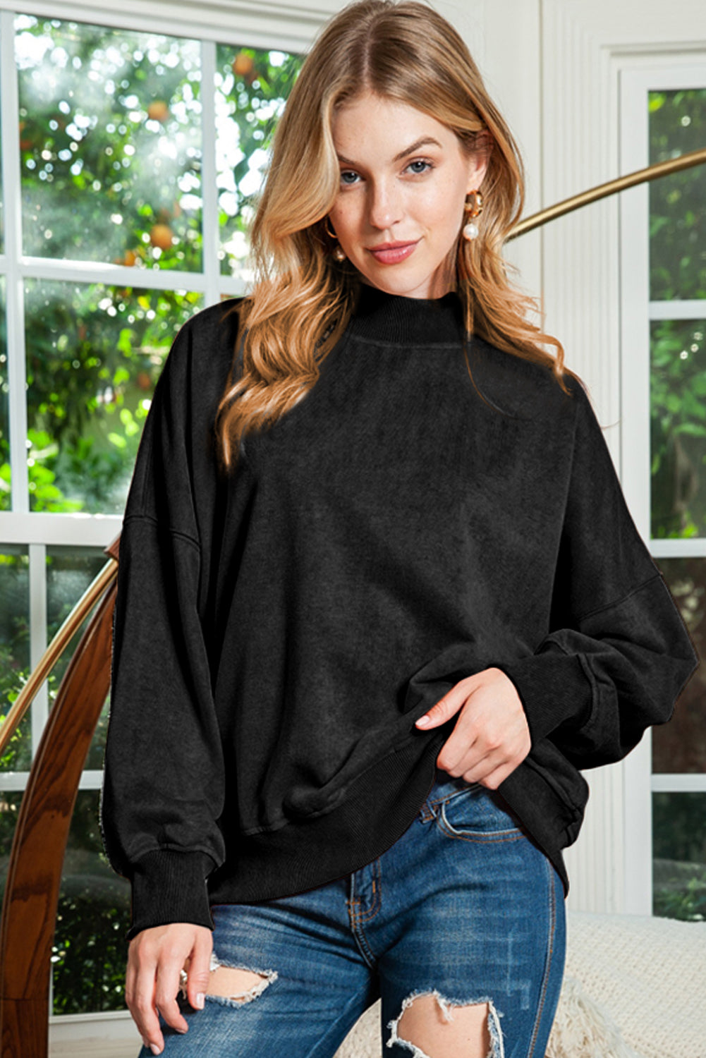 Sky Blue Plain Drop Shoulder Crew Neck Pullover Sweatshirt
