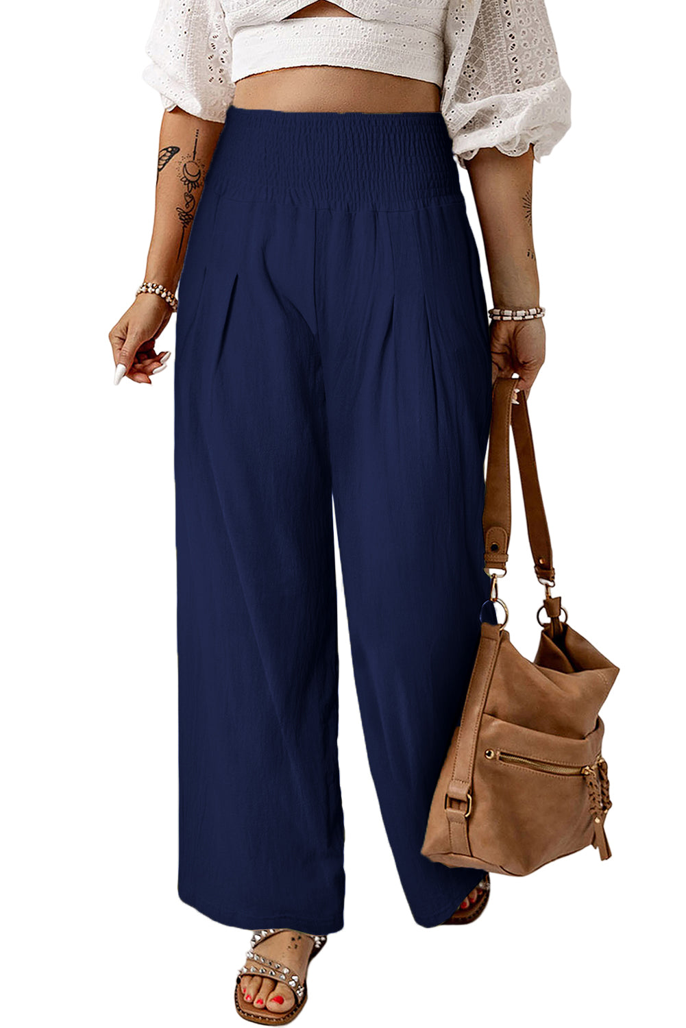 Blue Smocked Wide Waistband High Waist Wide Leg Pants