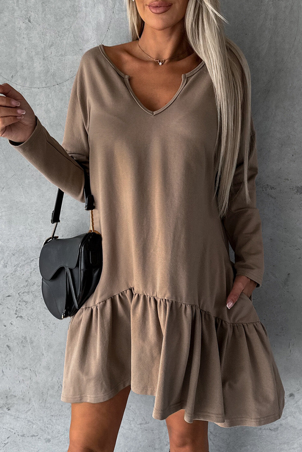 Black Split Neck Long Sleeve Ruffled Loose Dress