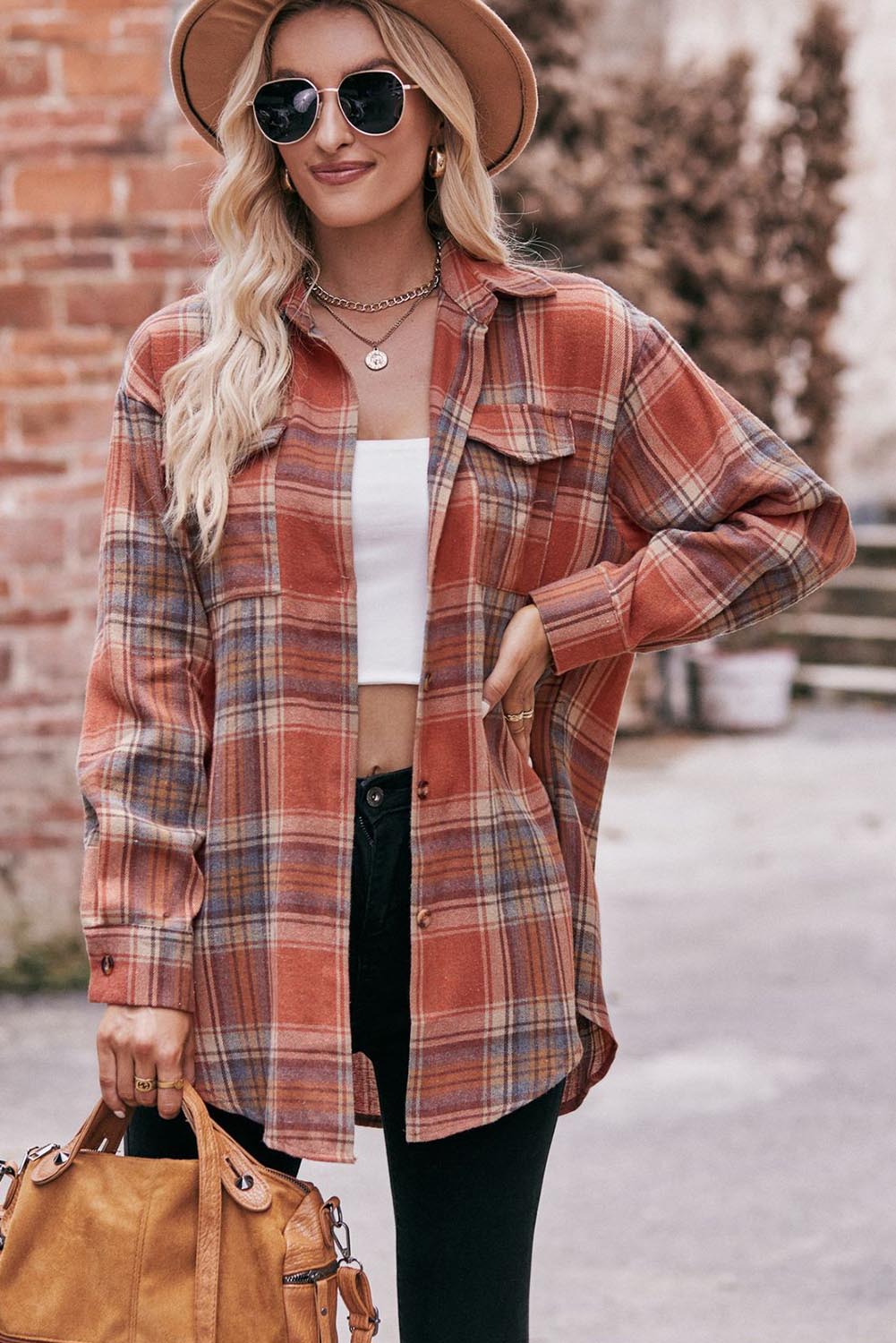 Red Plaid Colorblock Button Up Shacket