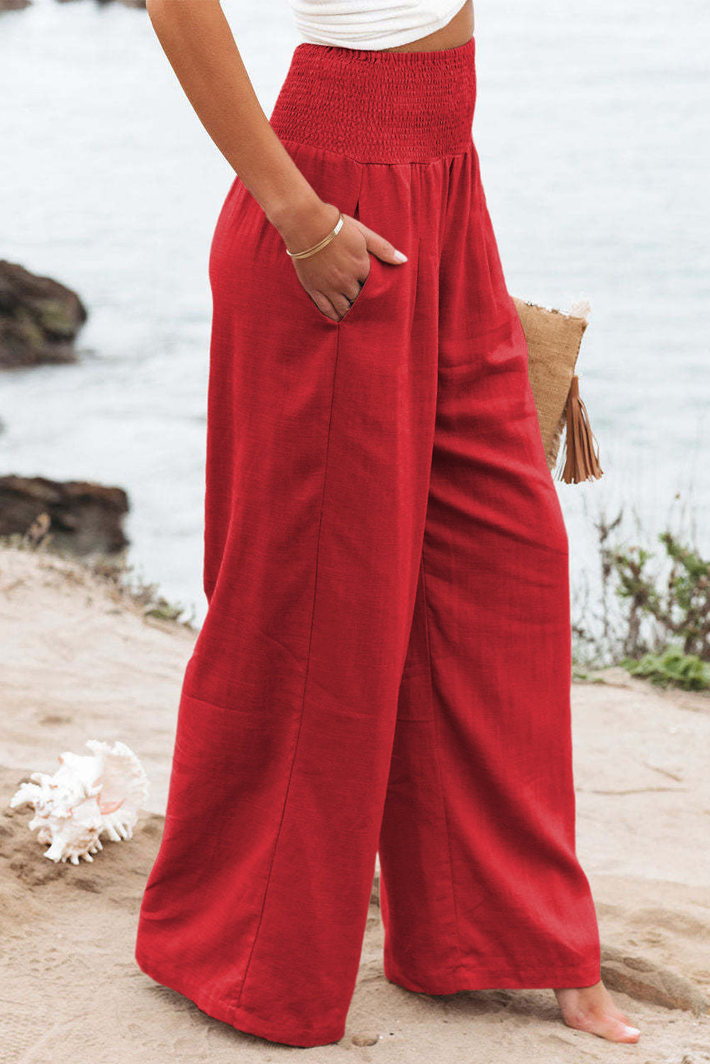 Blue Smocked Wide Waistband High Waist Wide Leg Pants