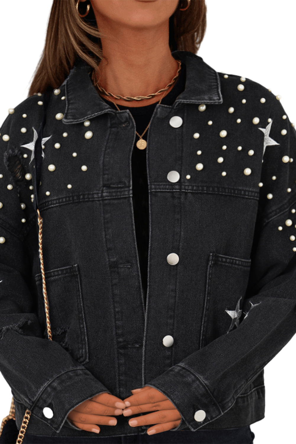 Black Distressed Pearls Star Cropped Denim Jacket