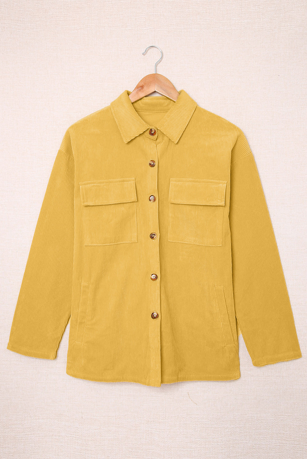 Beige Button Up Patch Pocket Corduroy Shacket