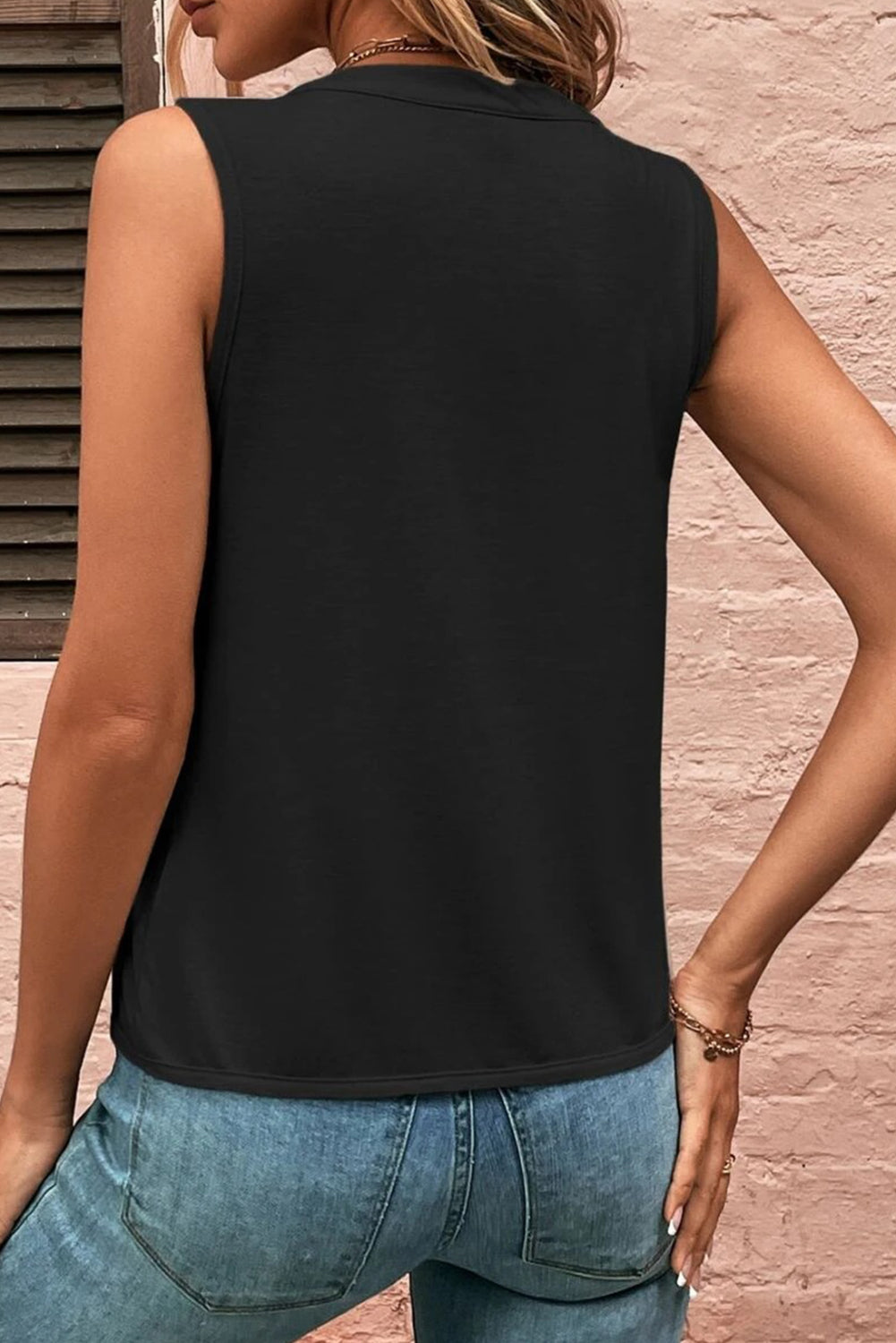 Khaki Solid V Neck Pleat Sleeveless Shirt