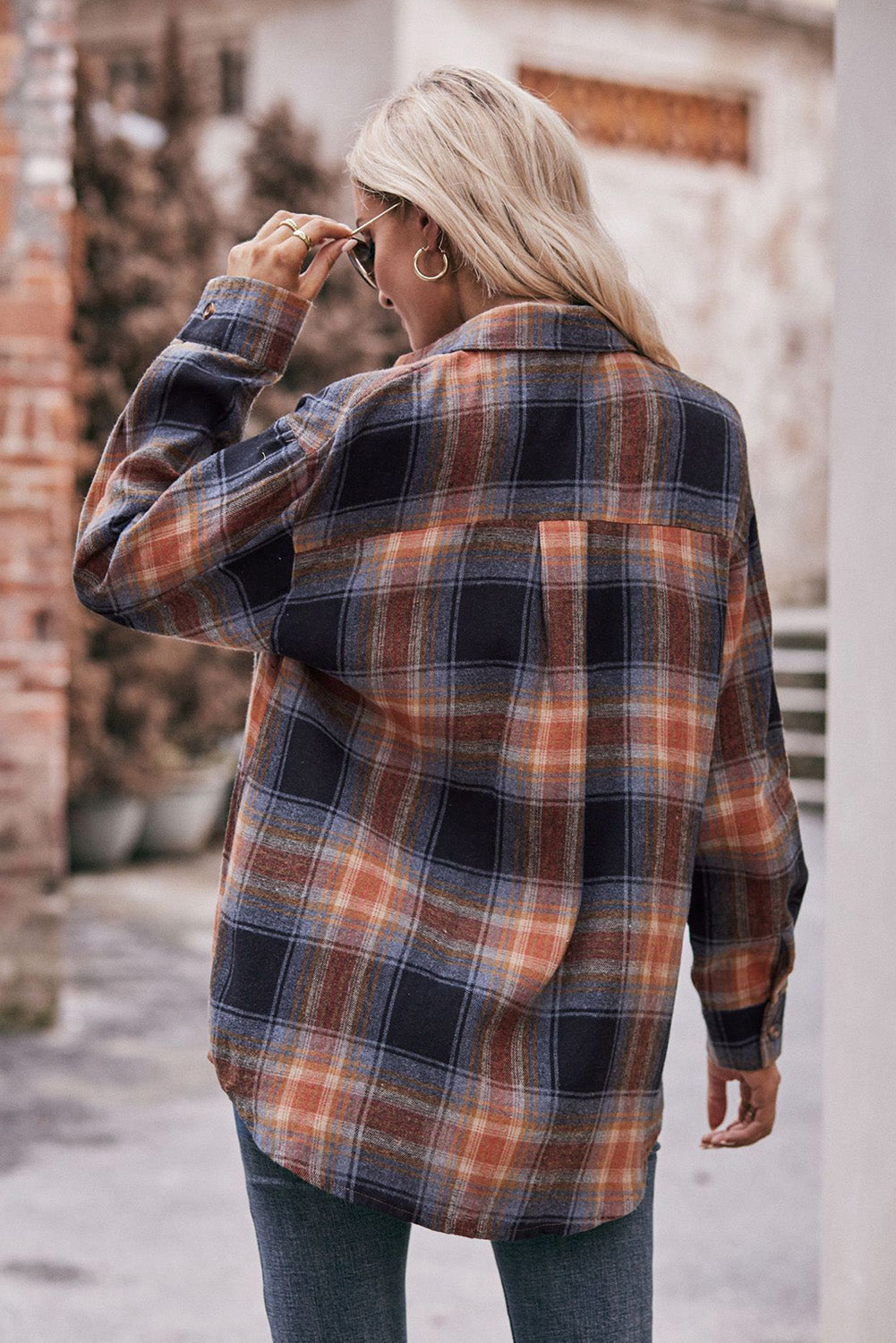Red Plaid Colorblock Button Up Shacket
