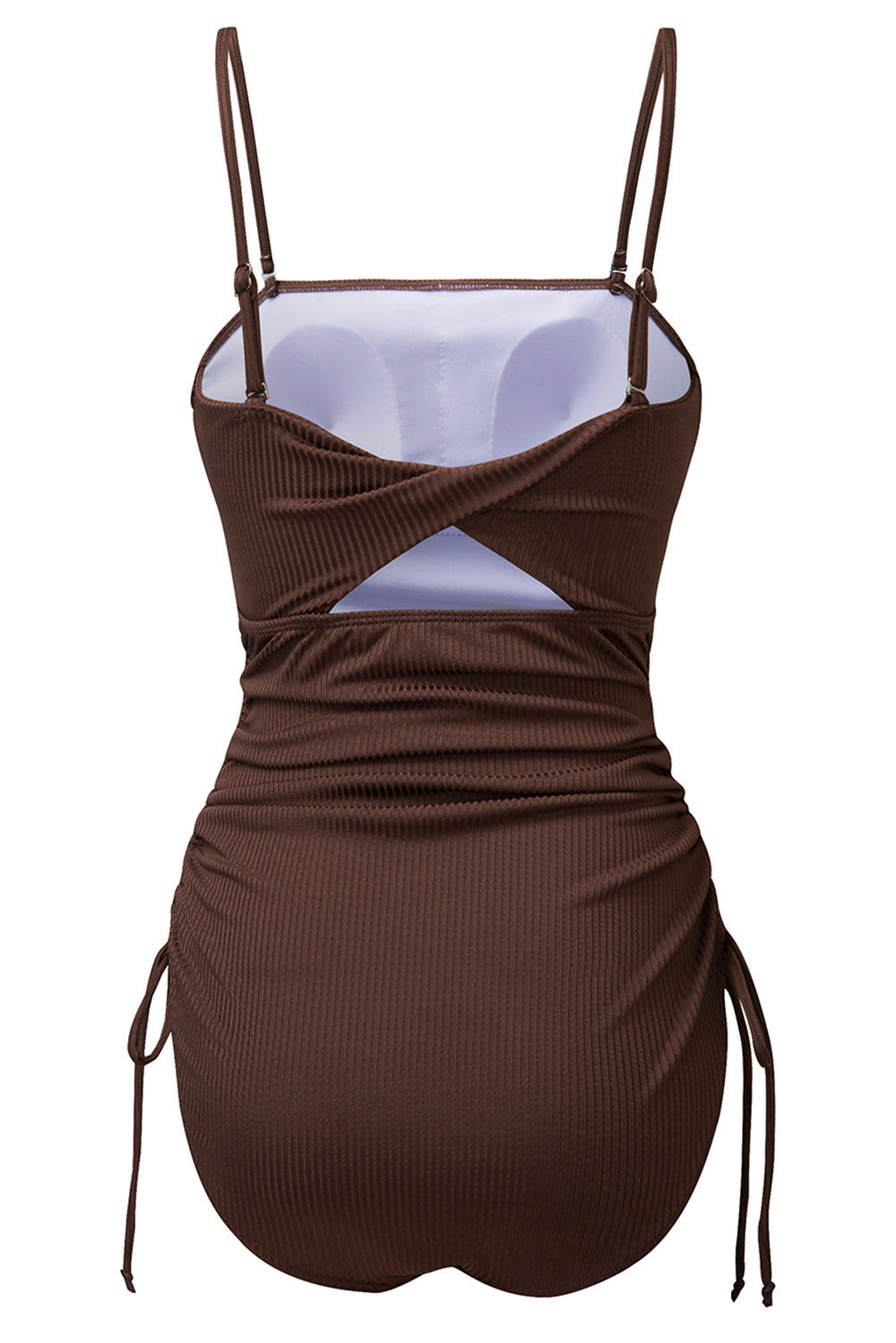 Black Side Drawstring Cutout Ribbed One Piece Swimsuit
