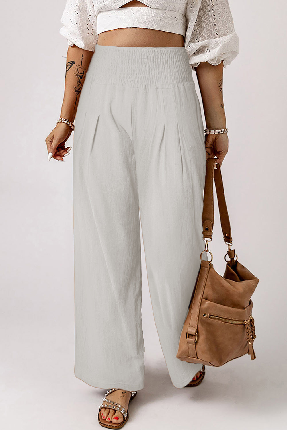 Blue Smocked Wide Waistband High Waist Wide Leg Pants