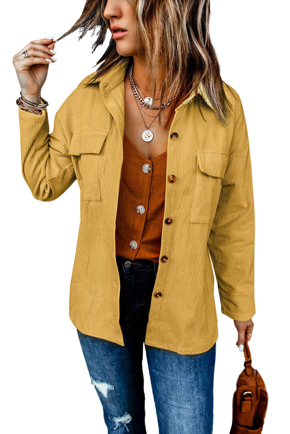 Beige Button Up Patch Pocket Corduroy Shacket